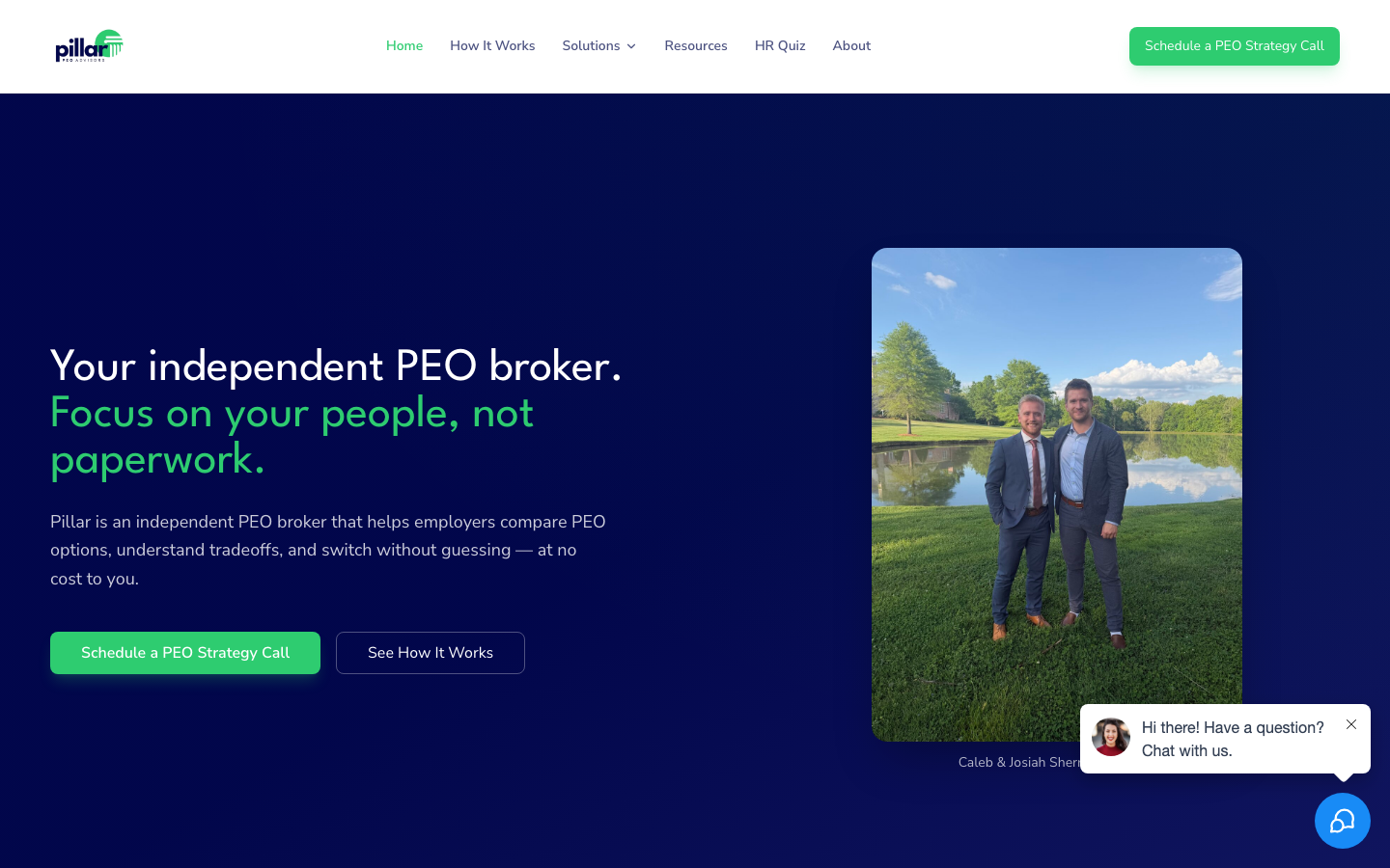 Current pillarpeo.com homepage, desktop