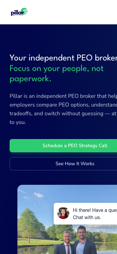 Current pillarpeo.com homepage, mobile, chat widget covering the founder photo